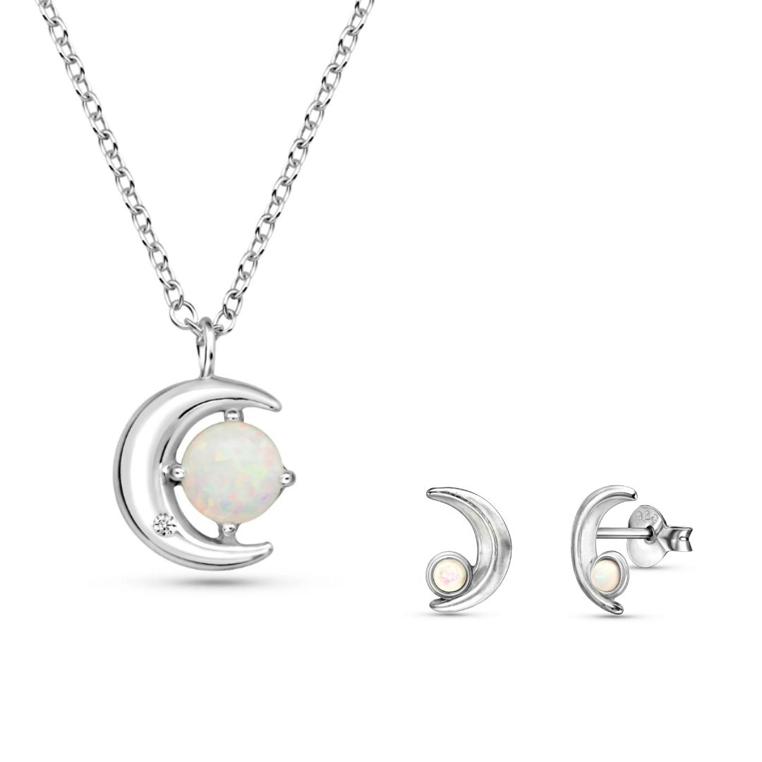 Crescent Moon & Opal Set – Sterling Silver Necklace & Earrings