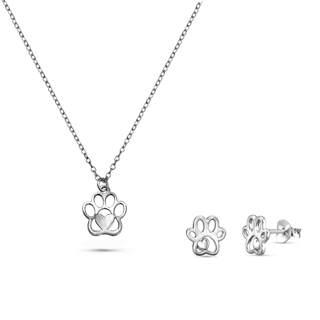 Sterling Silver Paw Print Jewellery Set – Necklace & Stud Earrings Gift for Pet Lovers