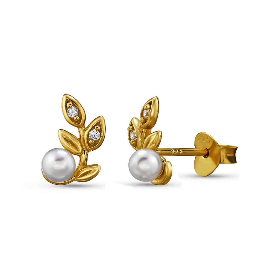 Bloom Quietly – 24k Gold Plated Pearl & Leaf Studs
