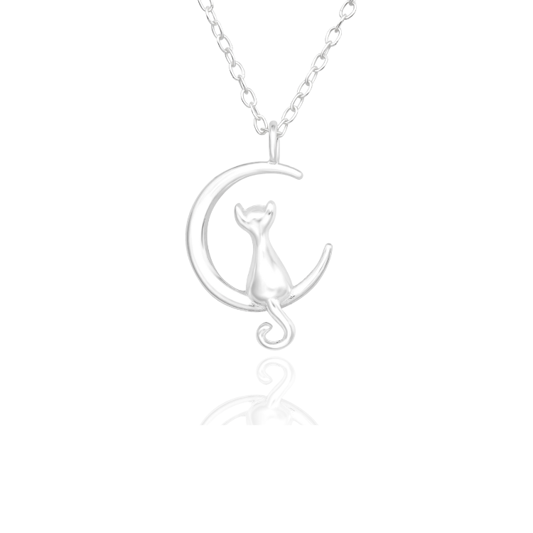 Mystical Cat on Moon Necklace 925 Sterling Silver