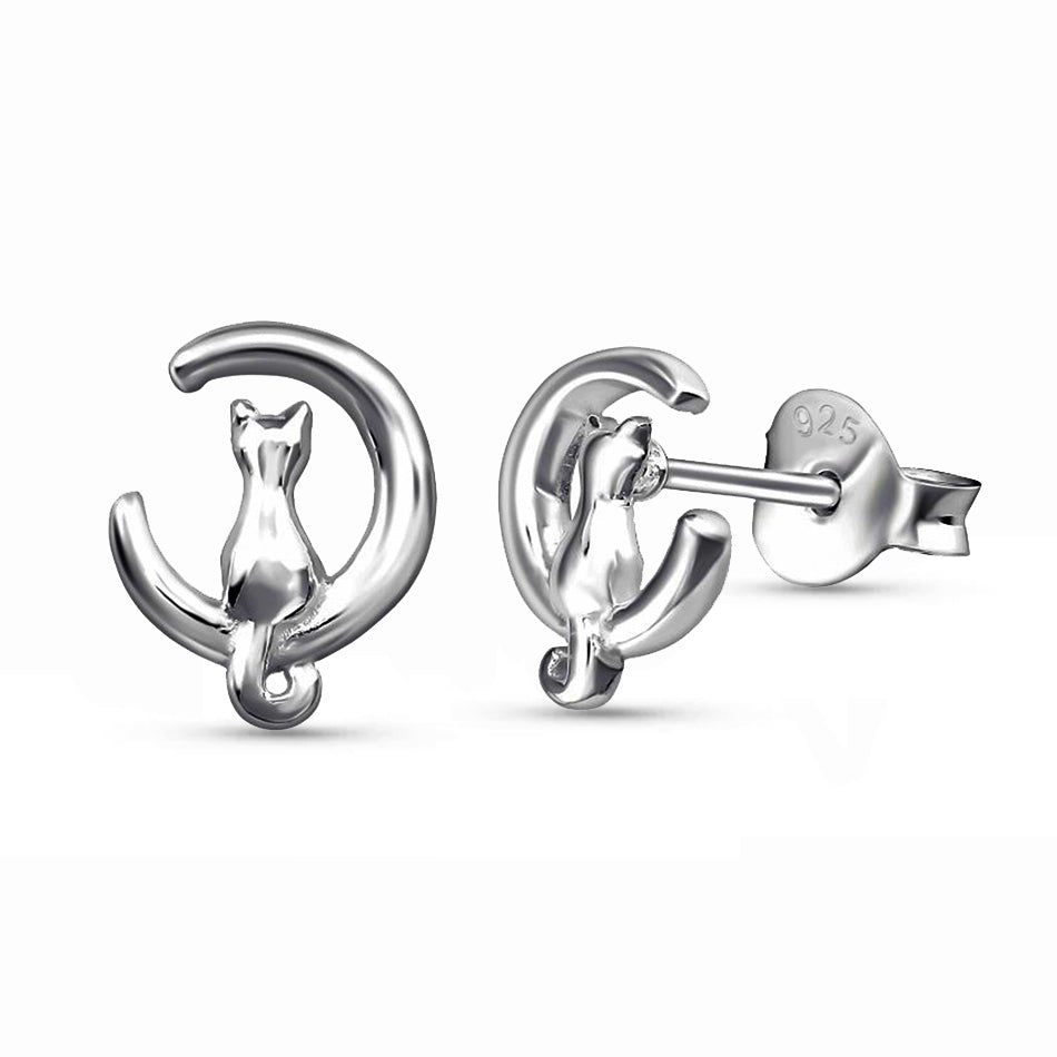 Enchanted – Sterling Silver Cat & Moon Studs