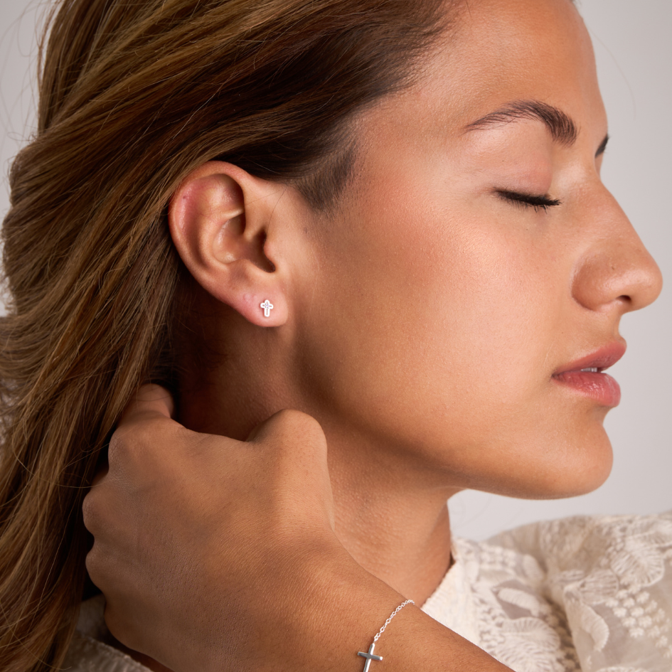 Sacred Thread - Sterling Silver Amethyst Crucifix Stud Earrings