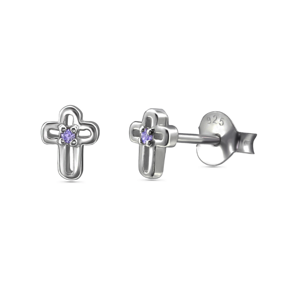 Sacred Thread - Sterling Silver Amethyst Crucifix Stud Earrings