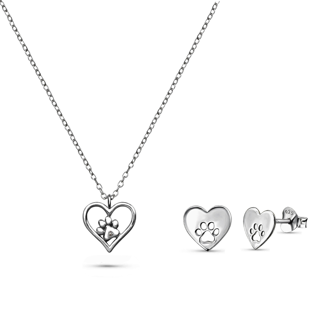 Paw Print Heart Jewellery Set – Sterling Silver Necklace & Earrings