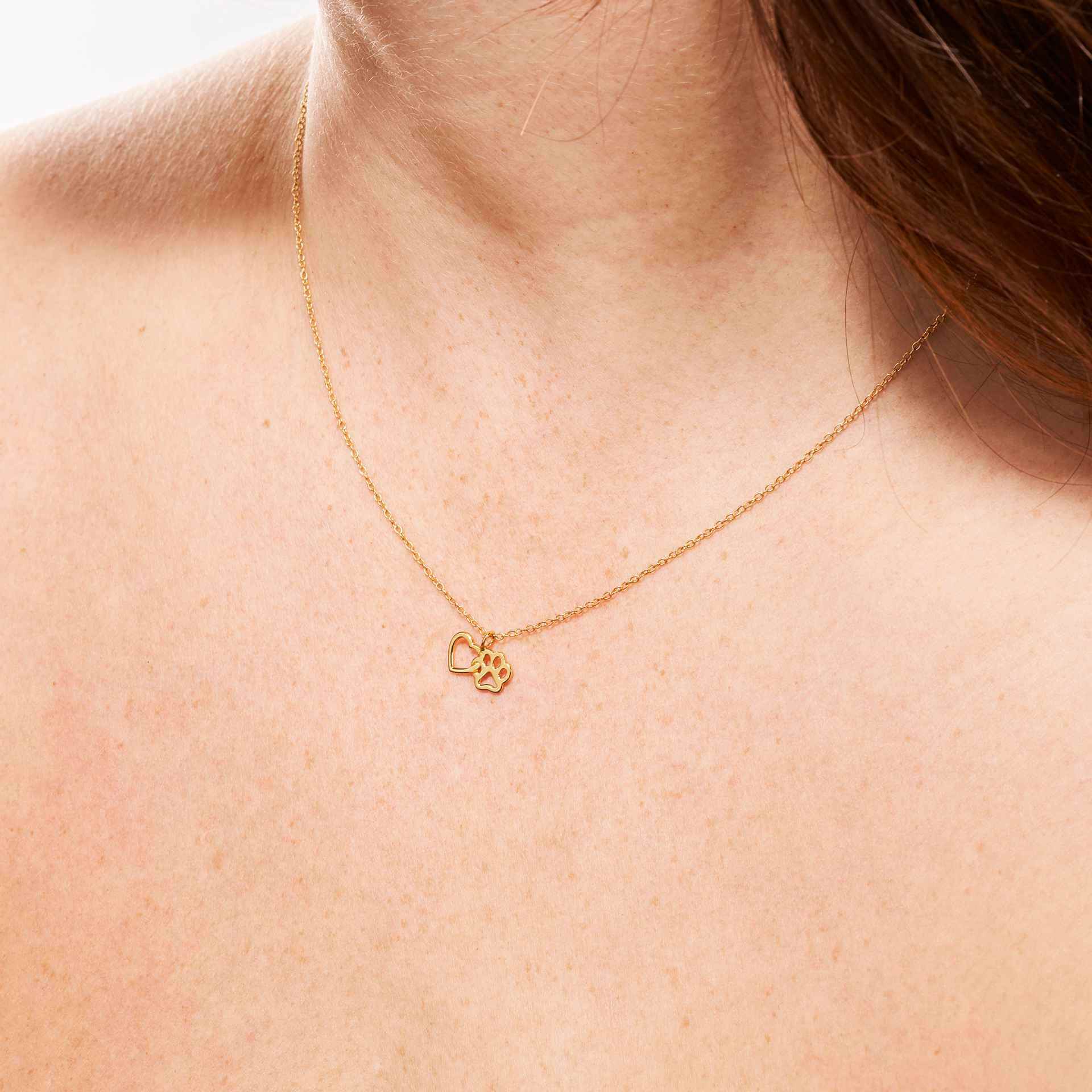 Side by Side – 24k Gold-Plated Sterling Silver Paw & Heart Necklace