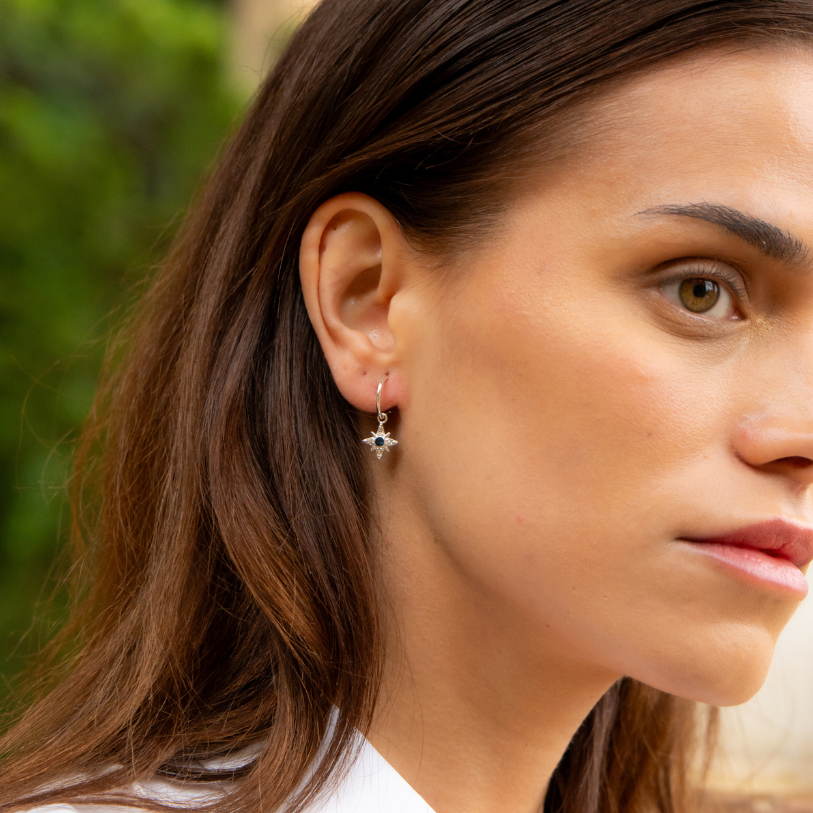 Northbound – Sterling Silver Compass Star Huggie Hoops