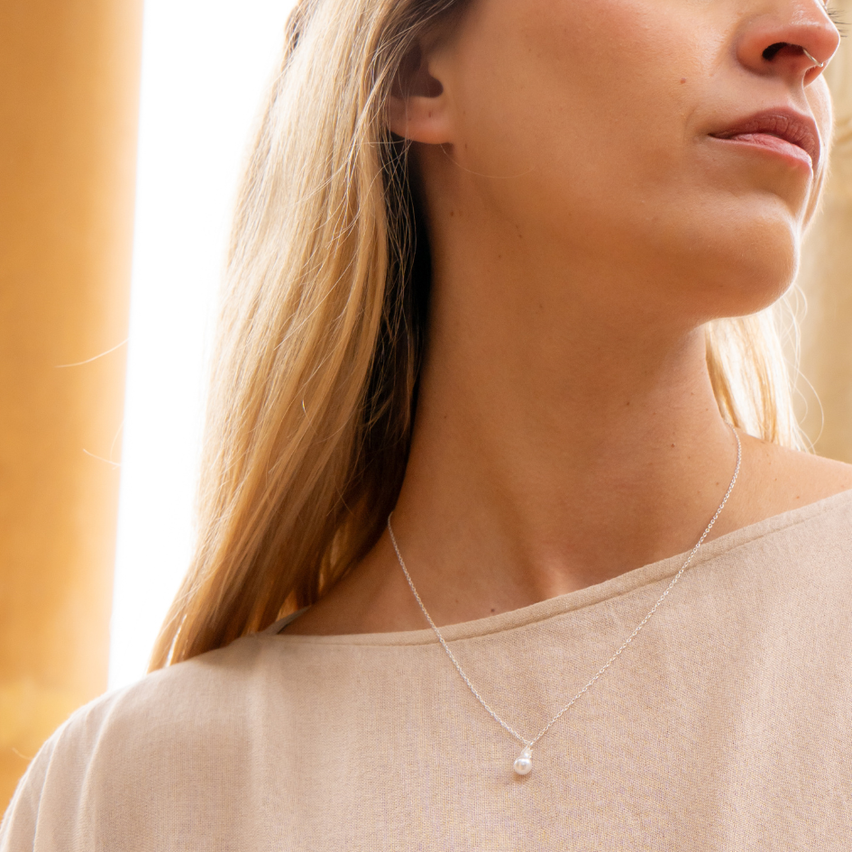 Quiet Pearl – Sterling Silver Pendant with Vegan Pearl and Stone