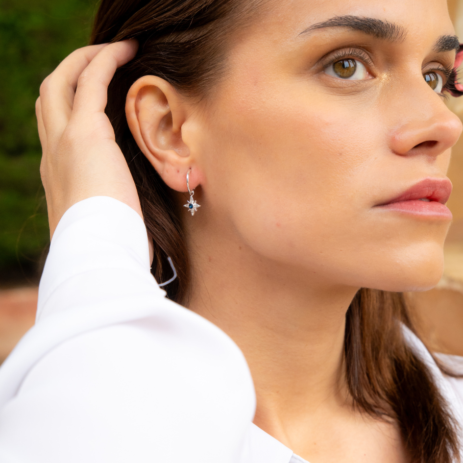 Northbound – Sterling Silver Compass Star Huggie Hoops