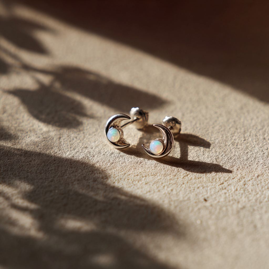 Lunar Glow – Sterling Silver Moon & Opal Studs