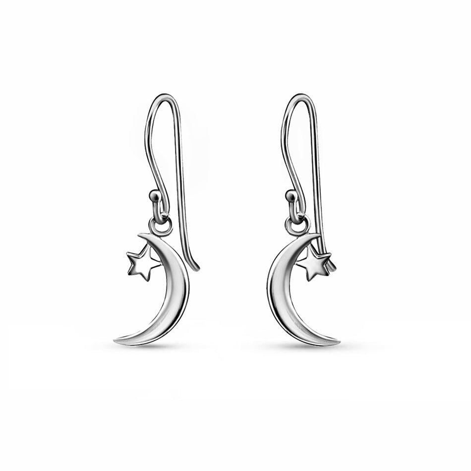 Moonlight – Sterling Silver Crescent & Star Earrings