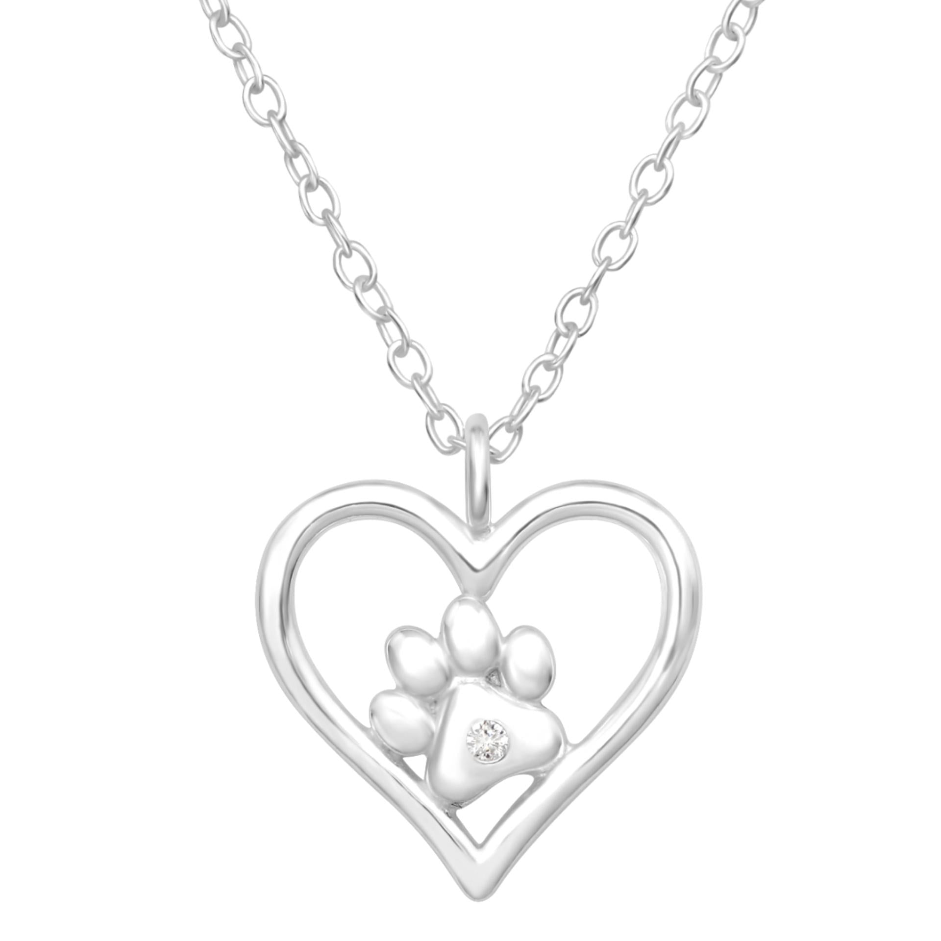 925 Sterling Silver Paw Print in Heart Necklace
