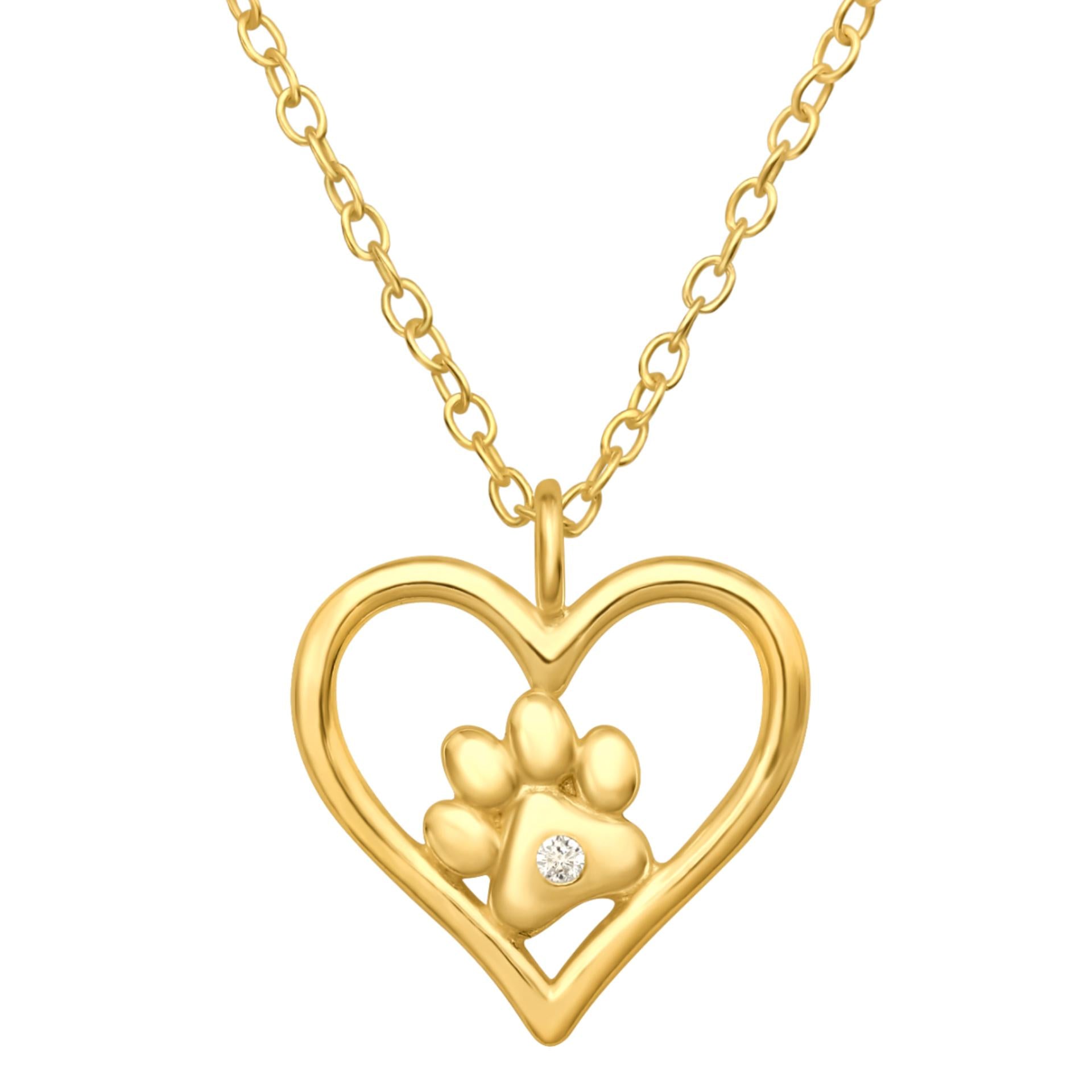 24k Gold Plated Sterling Silver Paw Print In Heart Necklace