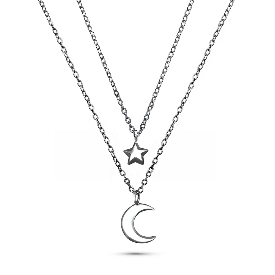 Nightfall - Sterling Silver Moon Star Layered Necklace