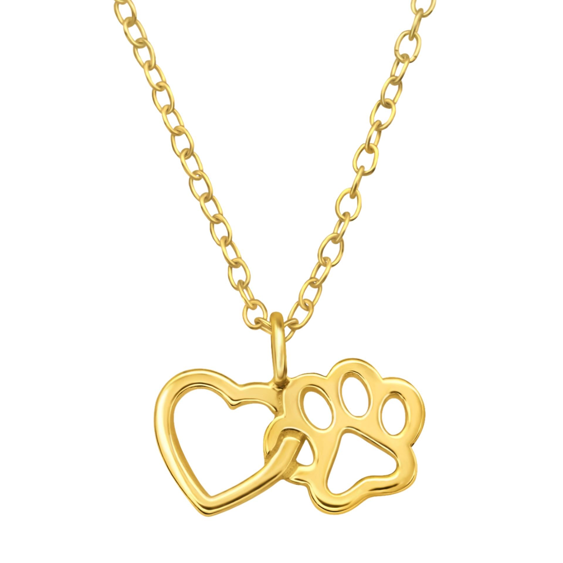 24k Gold Plated Sterling Silver Paw Heart Interlocking Necklace
