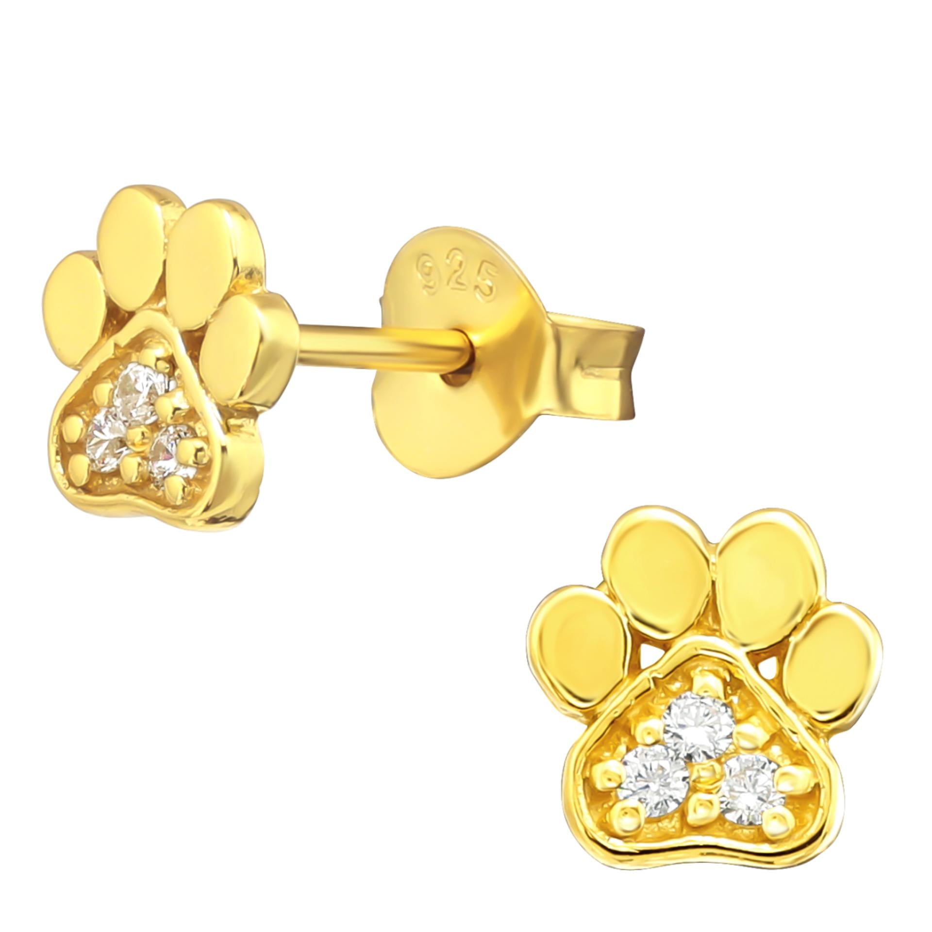 24k Gold Plated Sterling Silver Paw Stone Stud Earrings