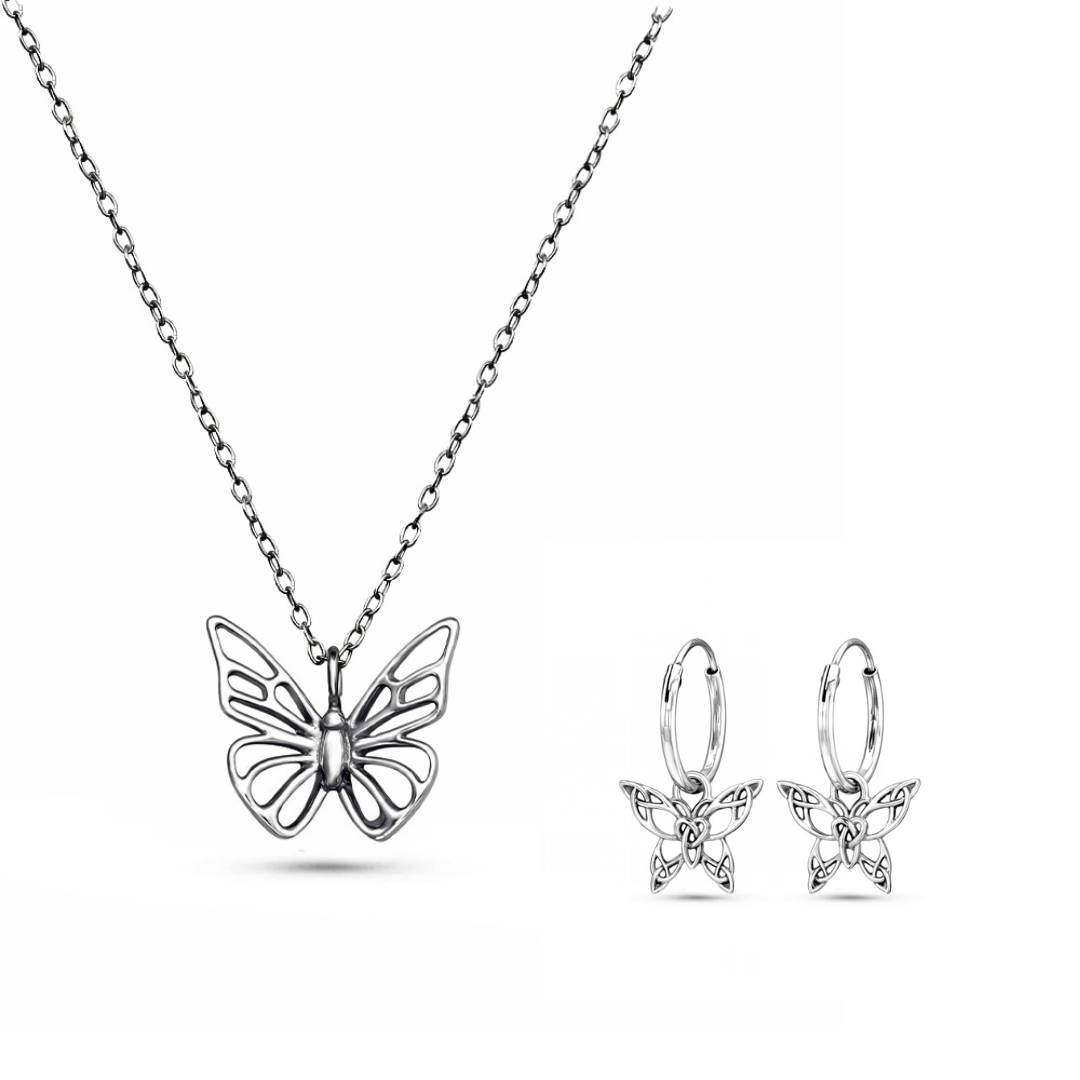 Silver Butterfly Wings Set – Necklace & Drop Earrings for Women