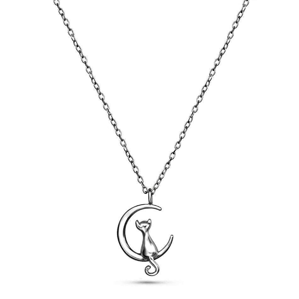 Ever Near – Sterling Silver Cat on Crescent Moon Necklace
