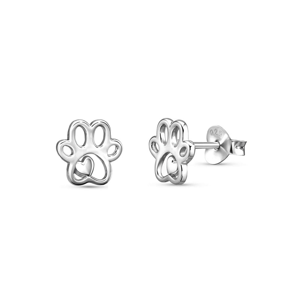 925 Sterling Silver Paw Print Heart Stud Earrings