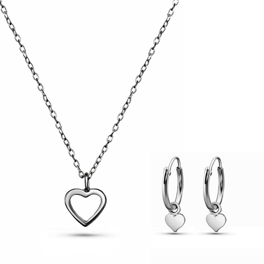 Sterling Silver Heart Set – Delicate Necklace & Tiny Hoop Earrings