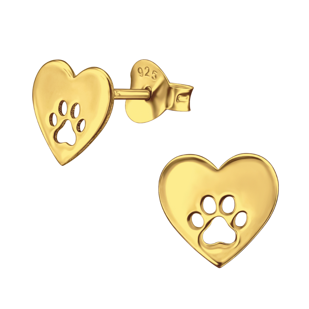 Gold Paw Print Heart Stud Earrings 24k Gold Plated Sterling Silver