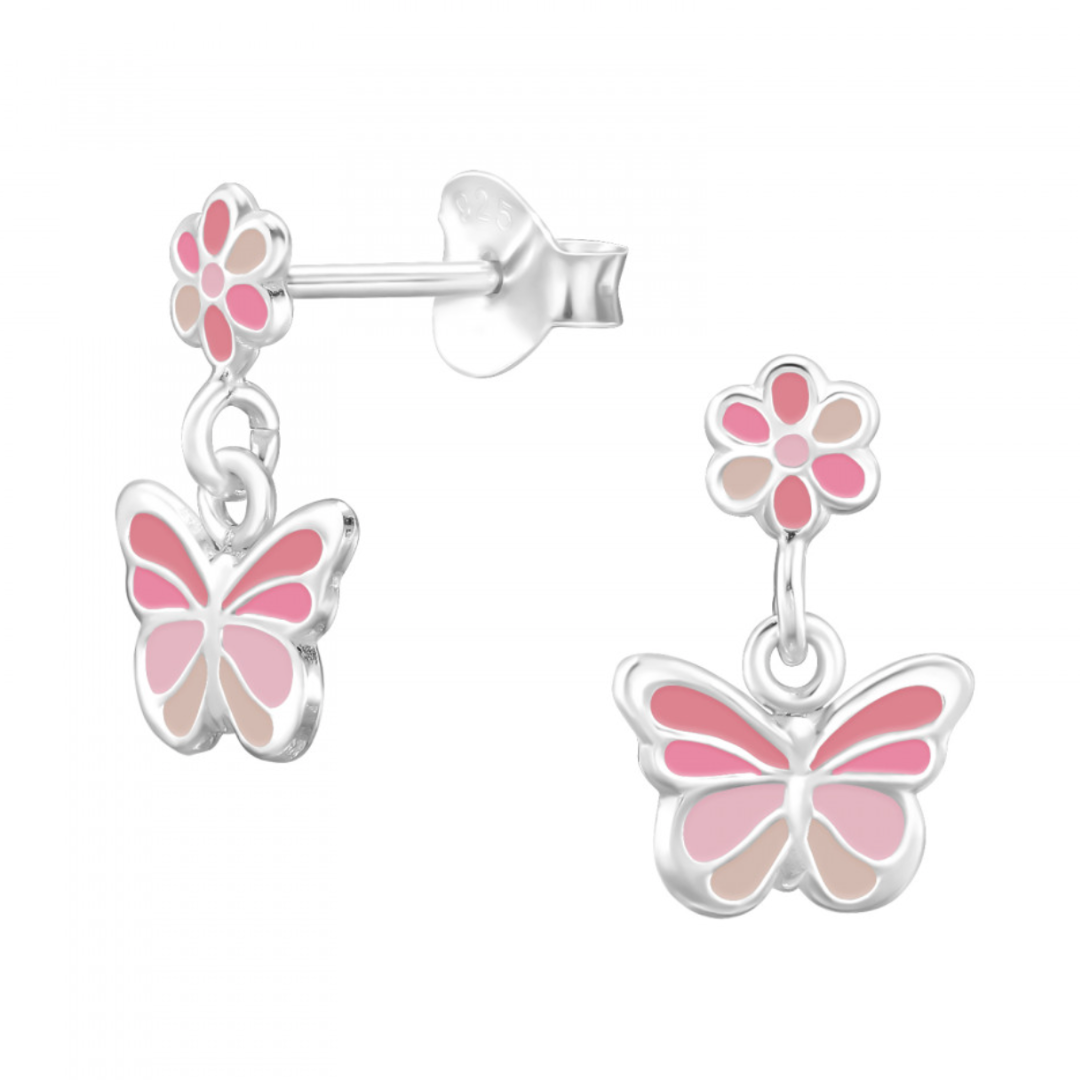 925 Sterling Silver Pink Butterfly Drop & Dangle Earrings