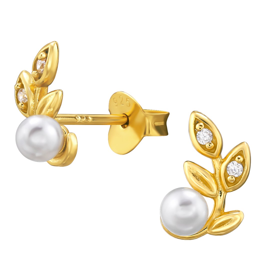 Gold Leaf White Pearl Stud Earrings 24k Gold Plated Sterling Silver