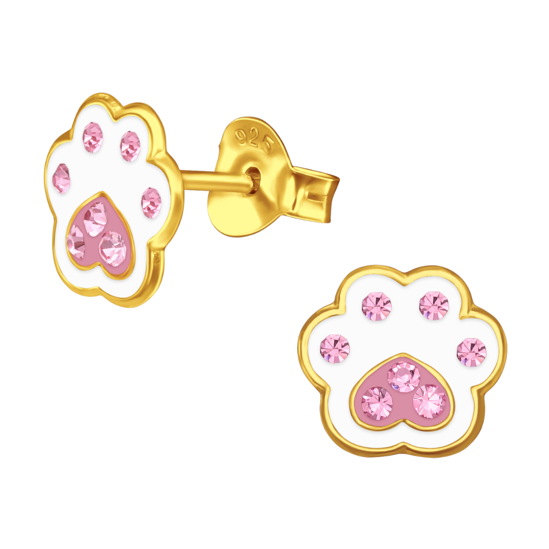 Gold Cute Chunky Pink Paw Pad Stud Earrings 24k Gold Plated Sterling Silver