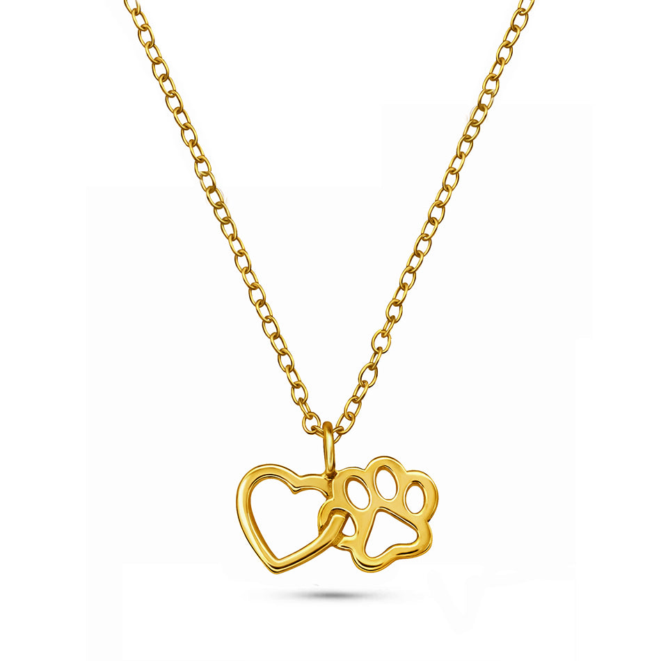 24k Gold Plated Sterling Silver Paw Heart Interlocking Necklace
