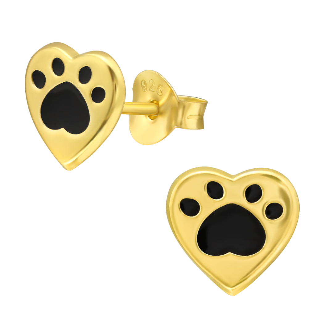 Gold Paw Print Stud Earrings 24k Gold Plated Sterling Silver