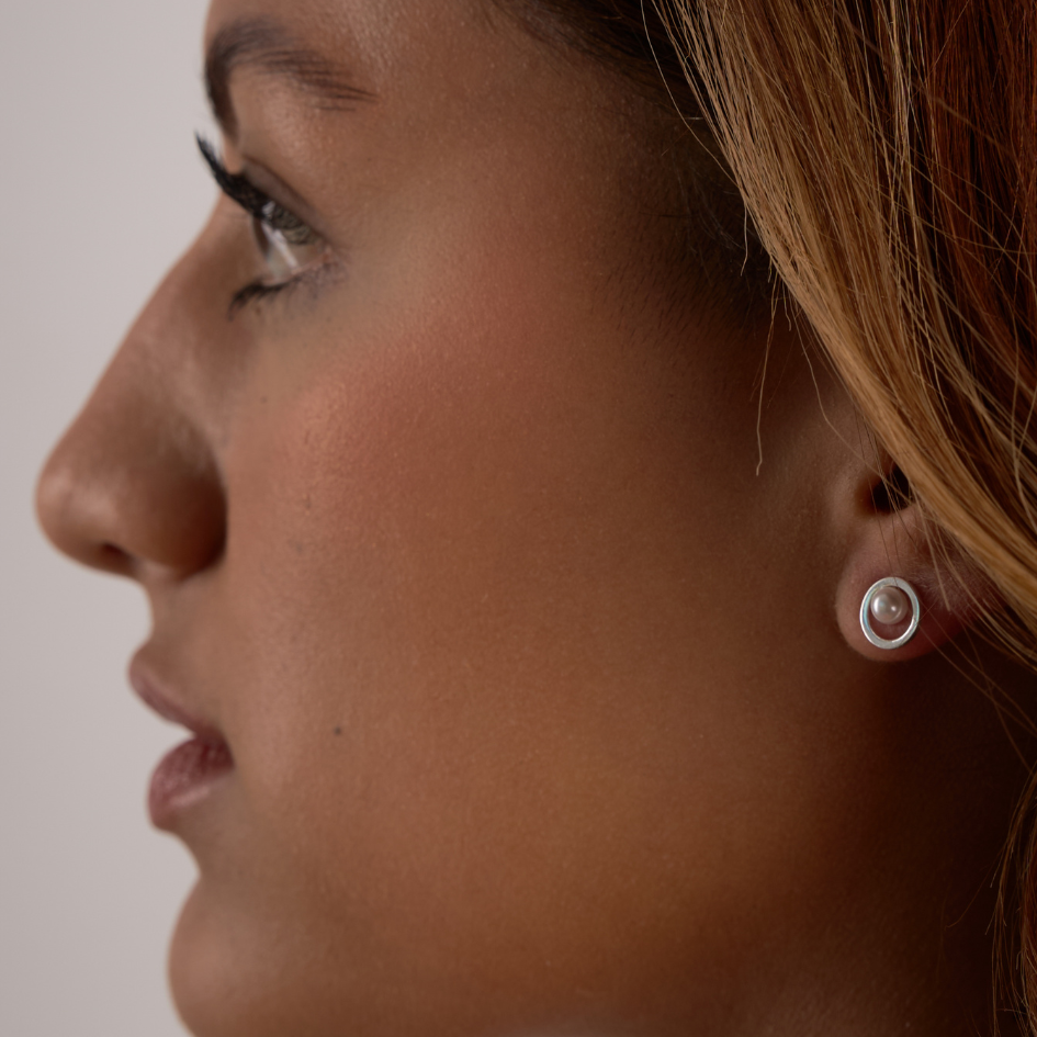 Pearl Compass - Sterling Silver Circle Earrings