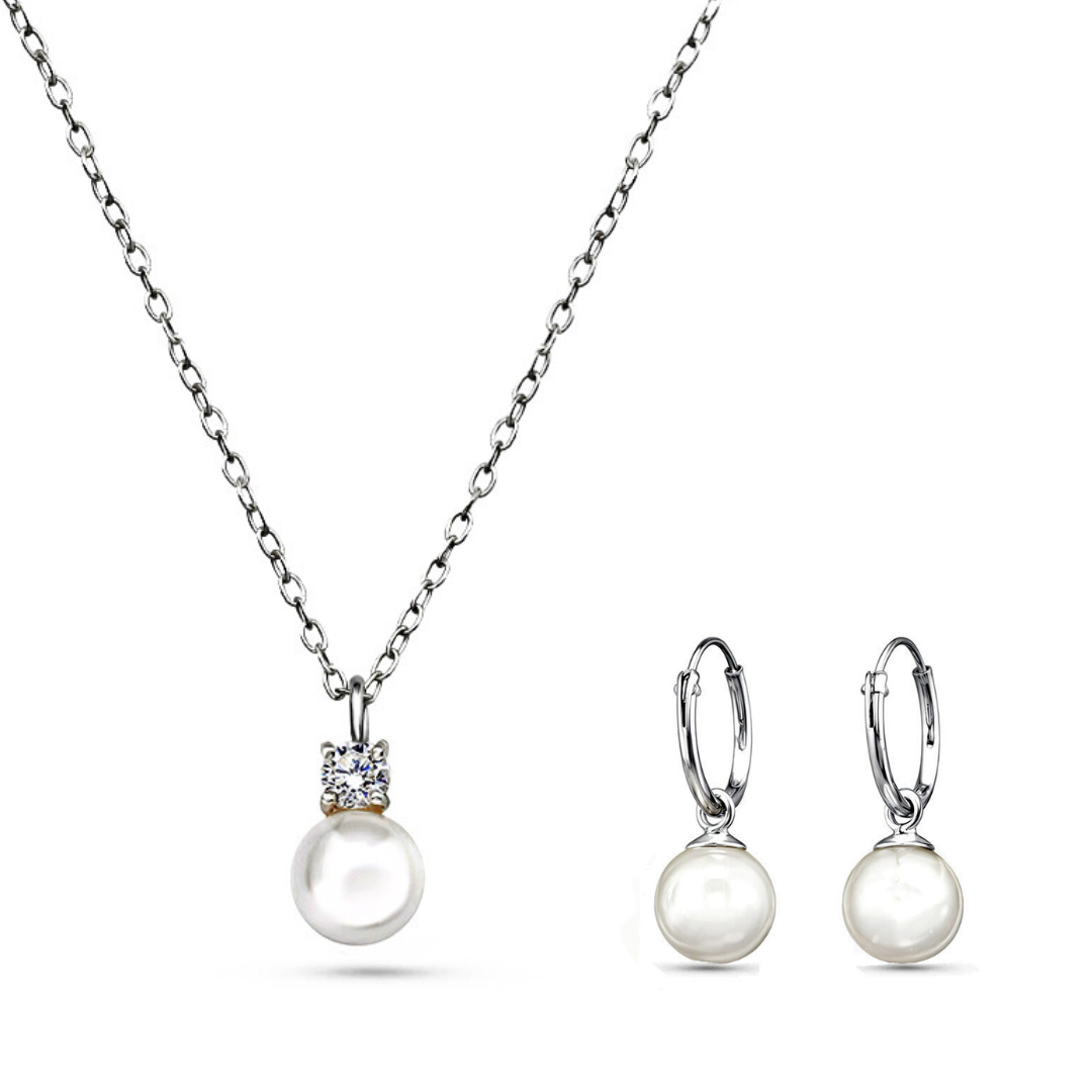 Elegant Vegan Pearl Set – Sterling Silver Necklace & Hoop Drop Earrings