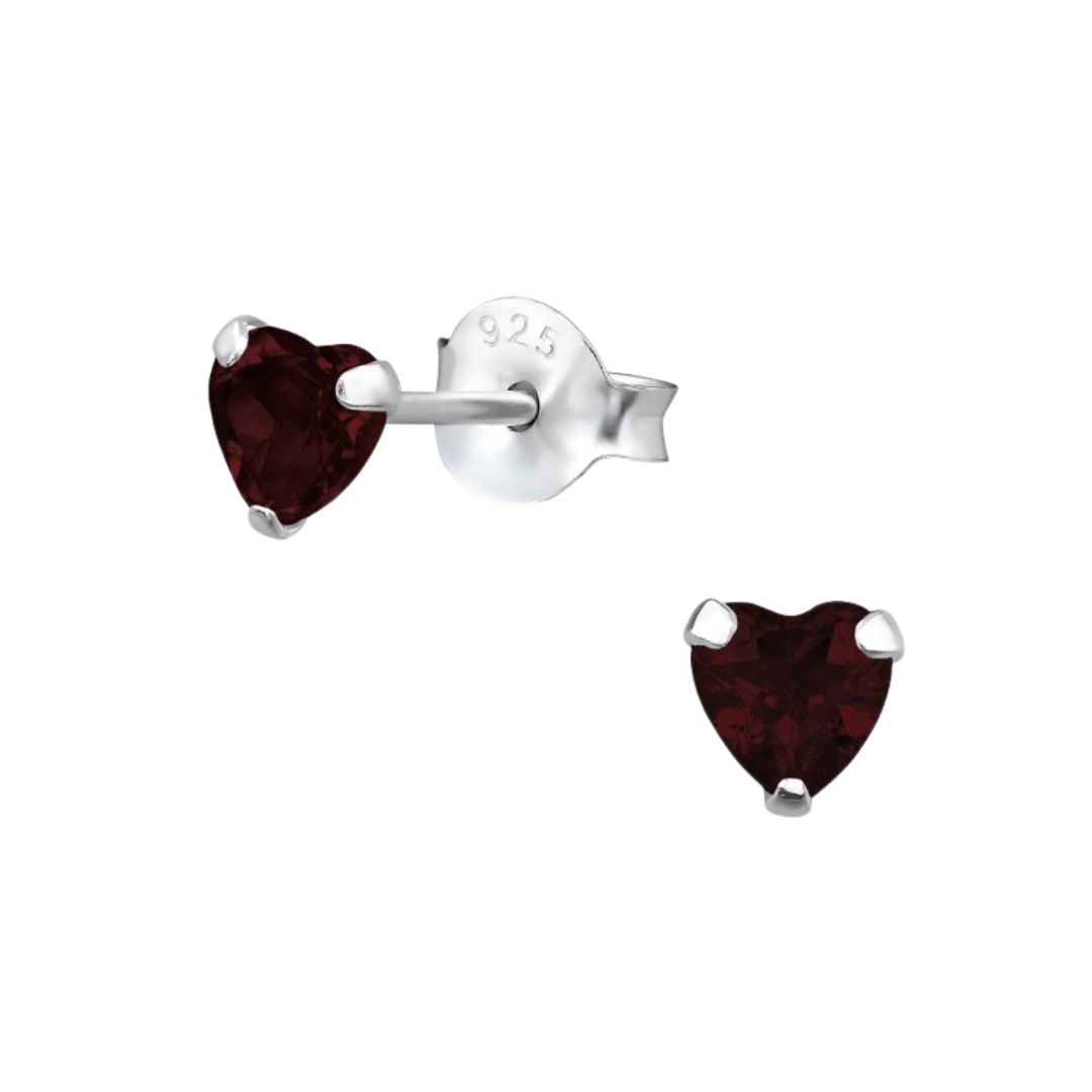Tiny Red Garnet Heart Stone Stud Earrings  - 925 Sterling Silver