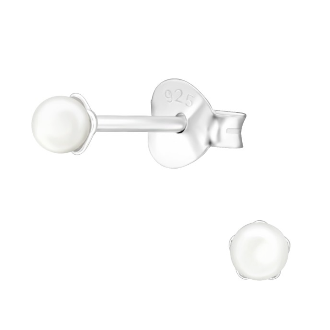 Tiny Round White Glass Pearl Stud Earrings - 925 Sterling Silver