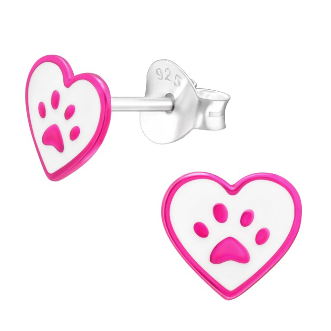 Pink Heart With Paw Print Stud Earrings - 925 Sterling Silver