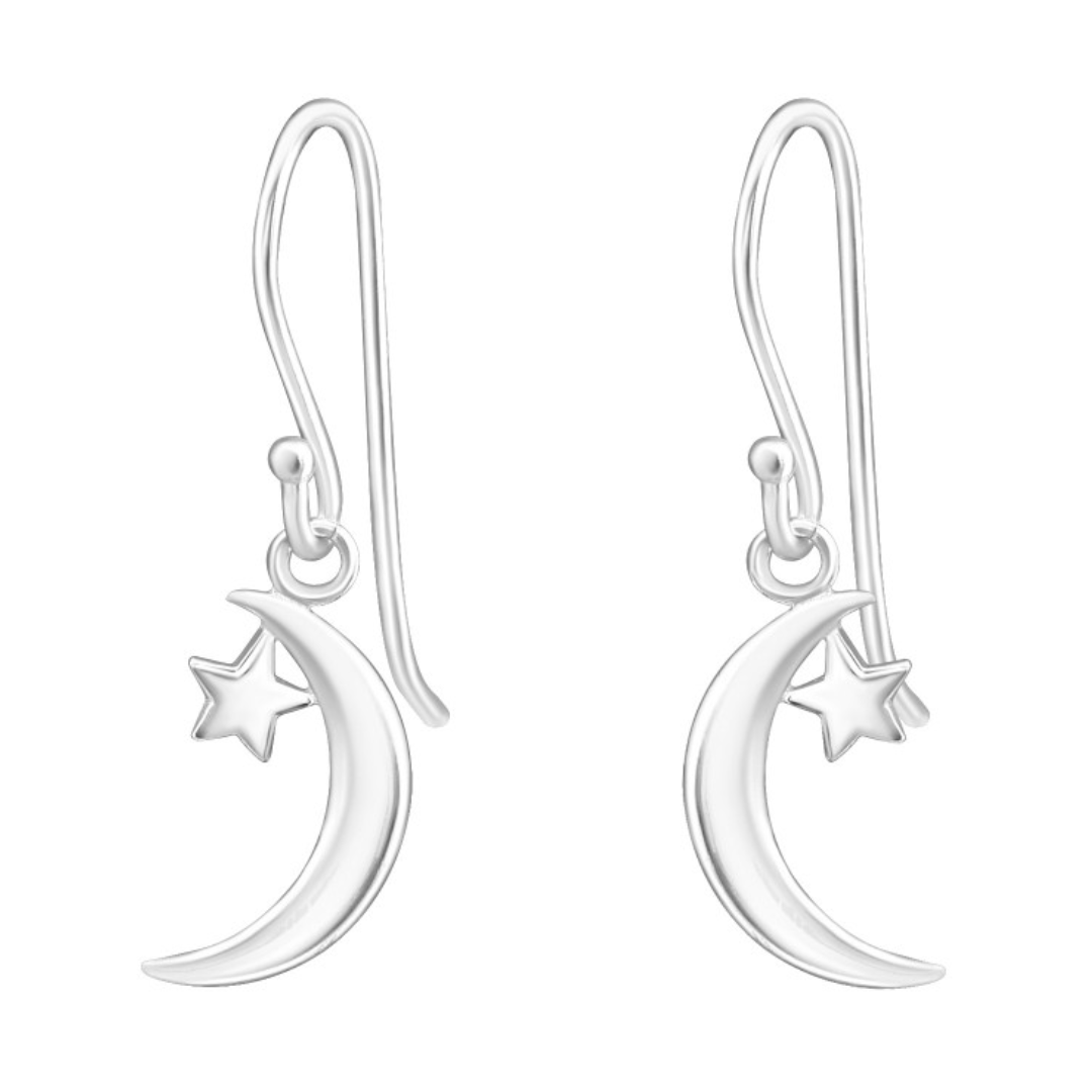 Moon with Star Drop Earrings - 925 Sterling Silver