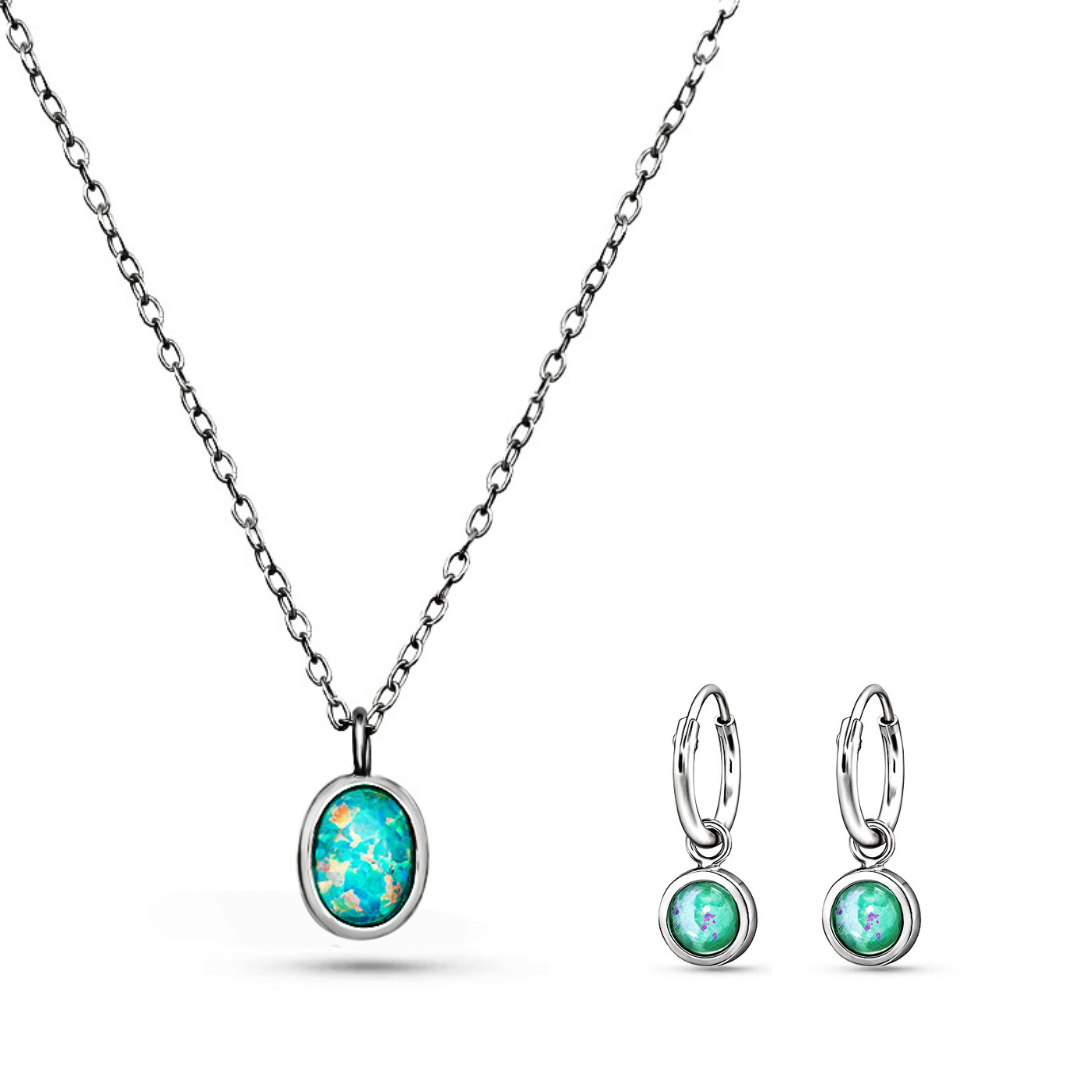 Sterling Silver Opal Gift Set – Necklace & Huggies Hoop Drop Earrings