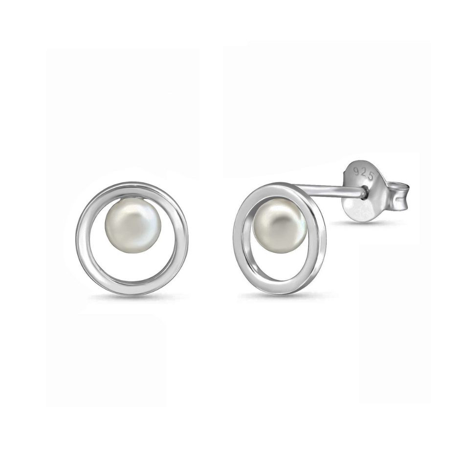 Pearl Compass - Sterling Silver Circle Earrings