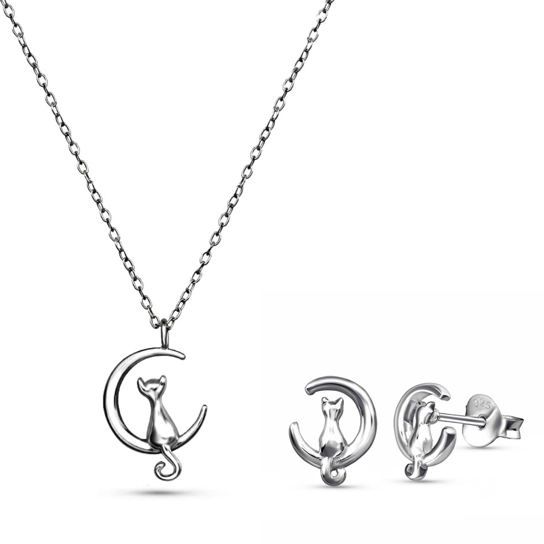 Mystic Moon & Cat Jewellery Set – Sterling Silver Necklace & Earrings