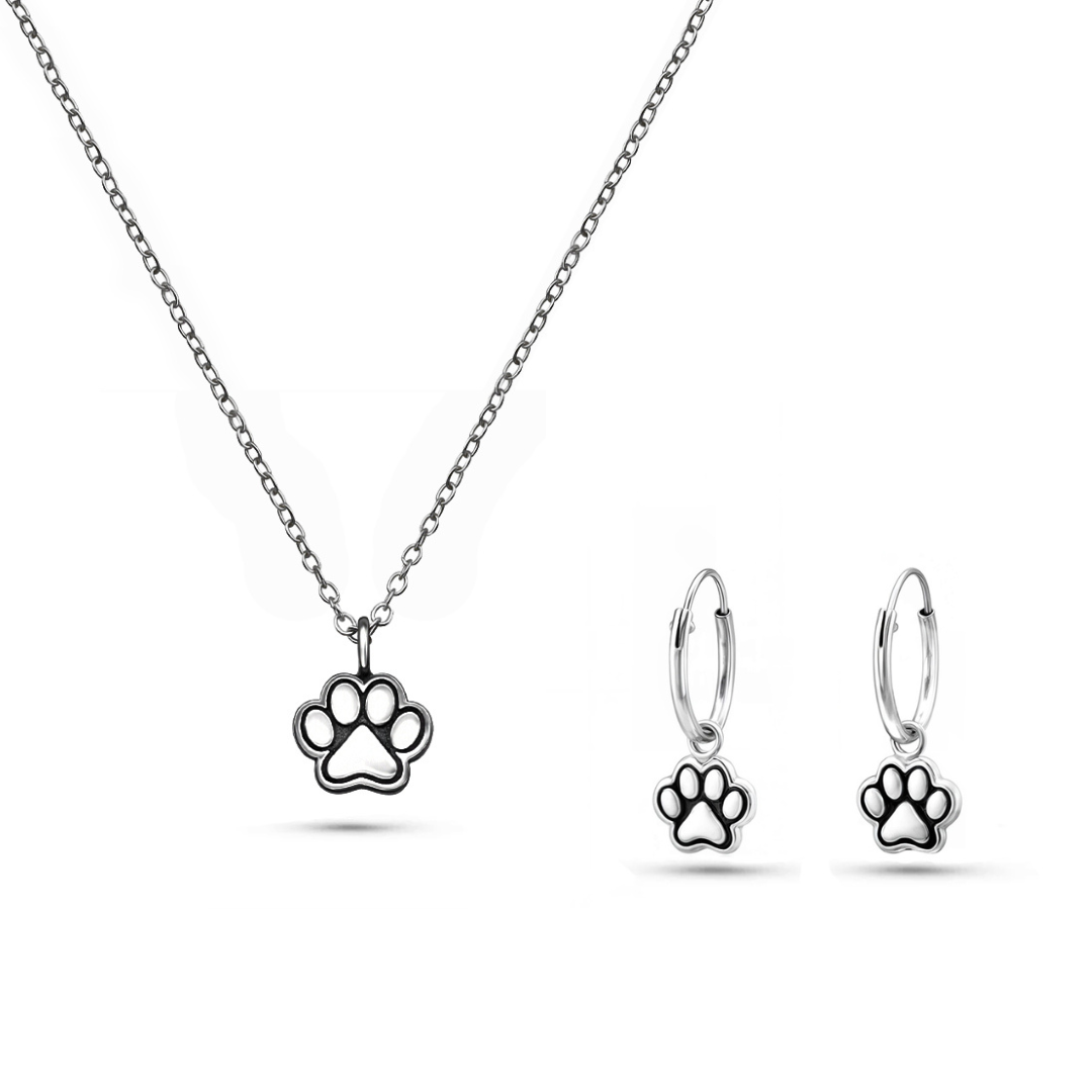 Pet Paw Print Gift Set – Sterling Silver Necklace & Huggie Hoop Earrings