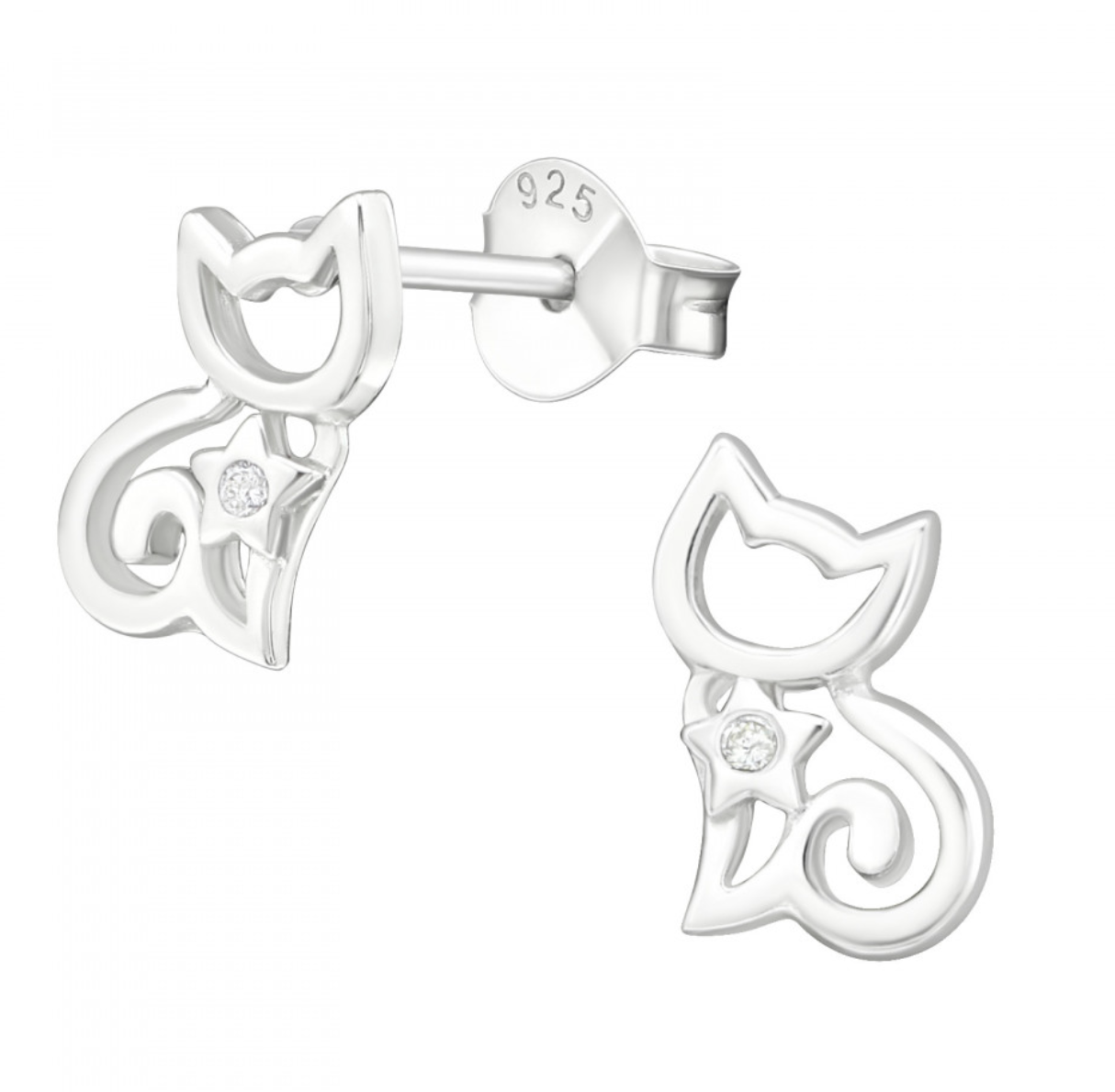 925 Sterling Silver Cat Star Stud Earrings