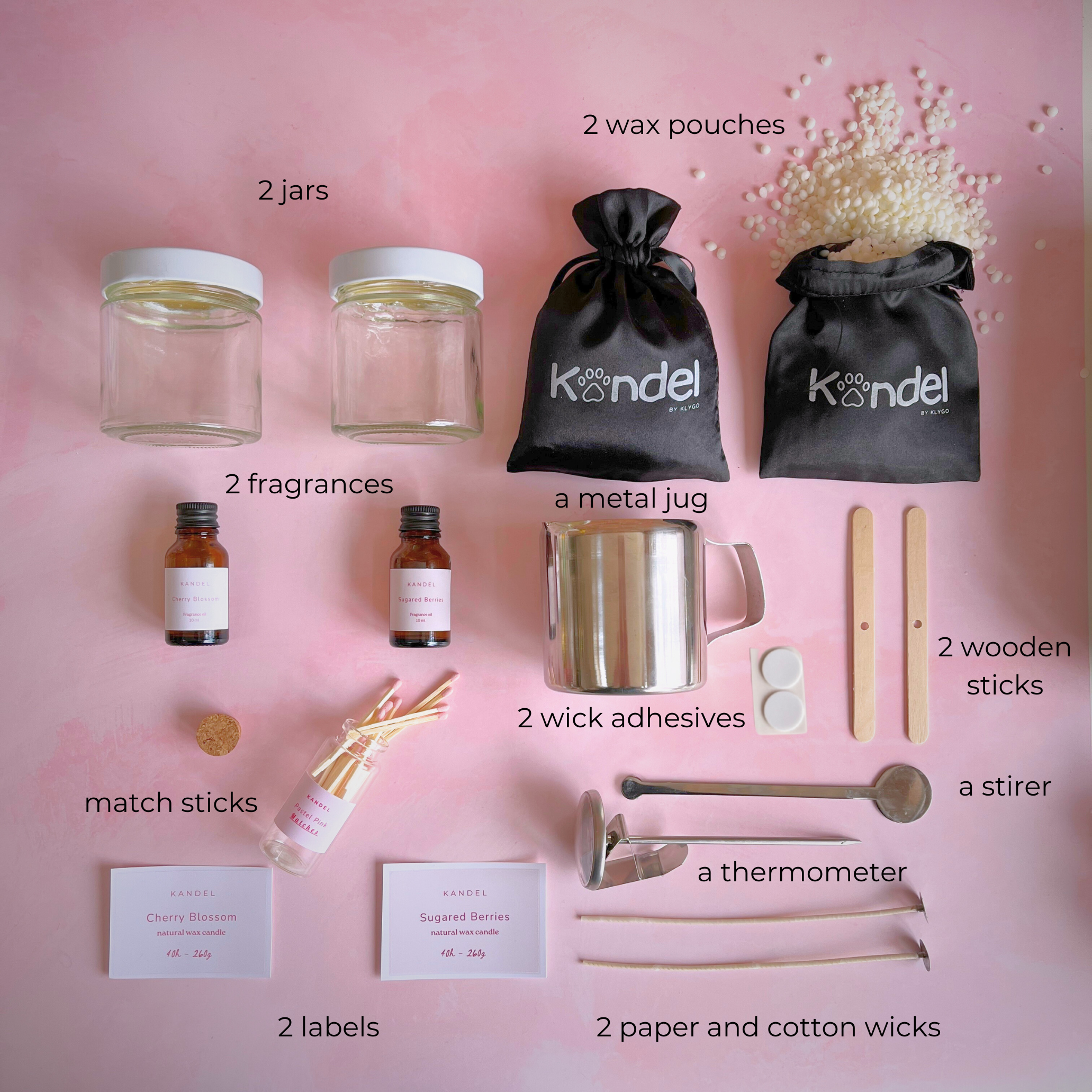 Image of a candle-making kit with wax flakes, wicks, fragrance oils, candle containers, a thermometer, and a mixing spoon, each labeled with the exact names of the items included in the kit.