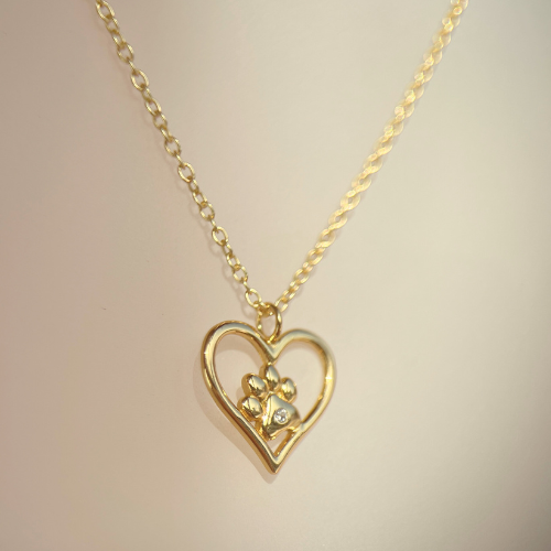 24k Gold Plated Sterling Silver Paw Print In Heart Necklace