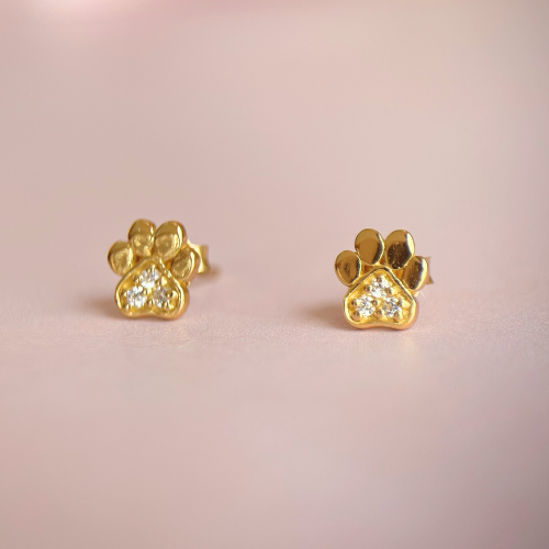 24k Gold Plated Sterling Silver Paw Stone Stud Earrings