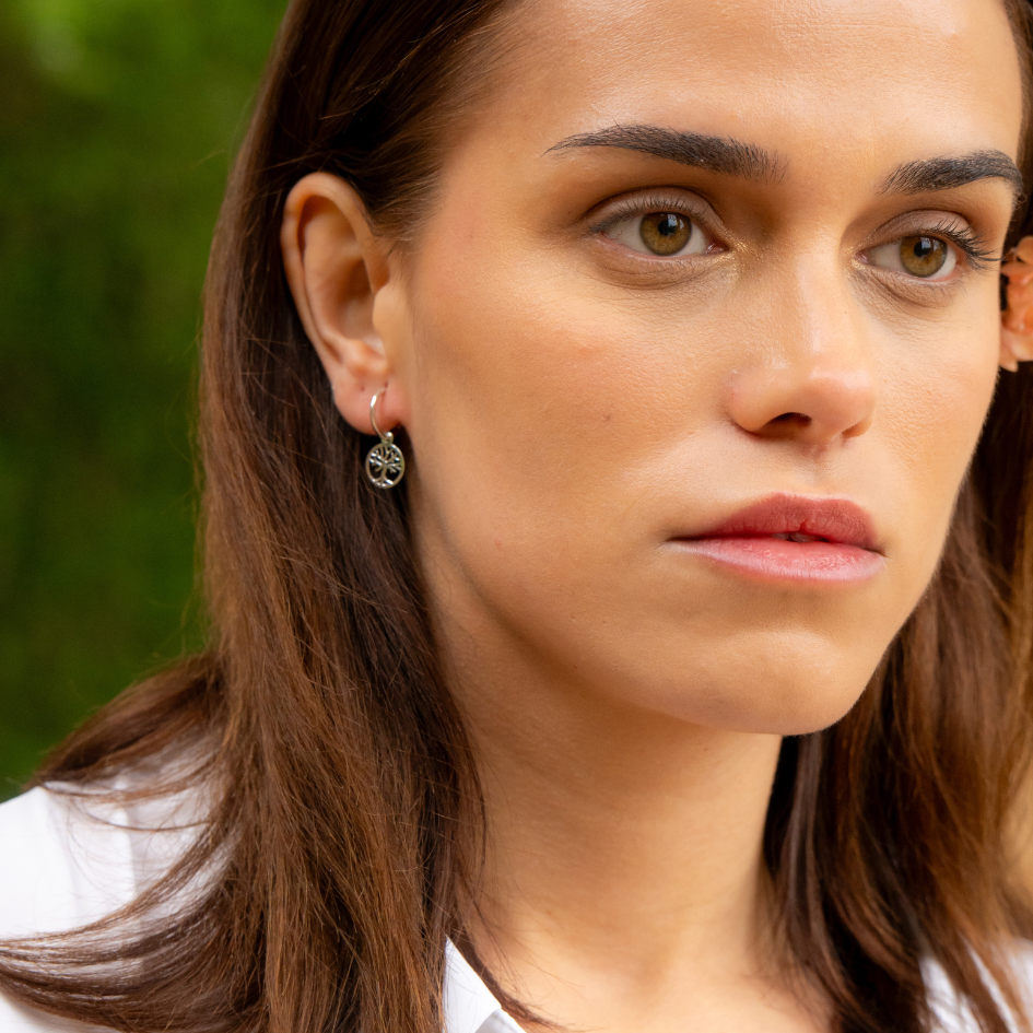 Rooted Light – Sterling Silver Tree of Life Huggie Hoops