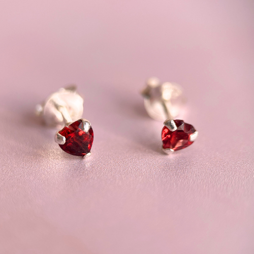 Tiny Red Real Garnet Heart Stone Stud Earrings  - 925 Sterling Silver